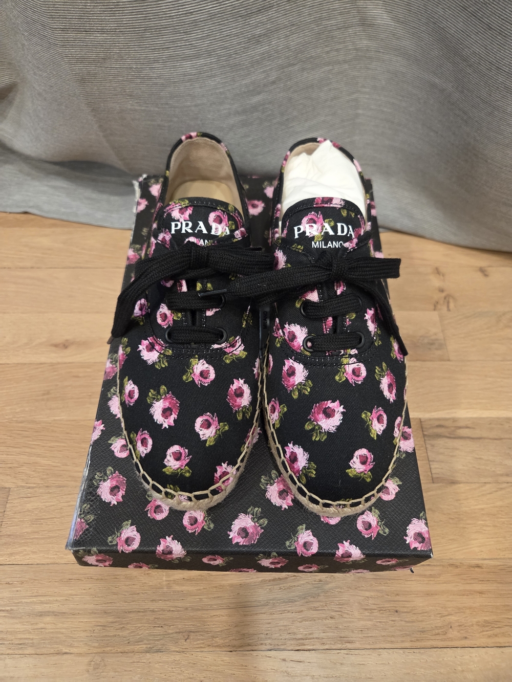 Prada Floral Espadrille Sneakers - Black with Pink Roses US 7.5 EU 37.5
